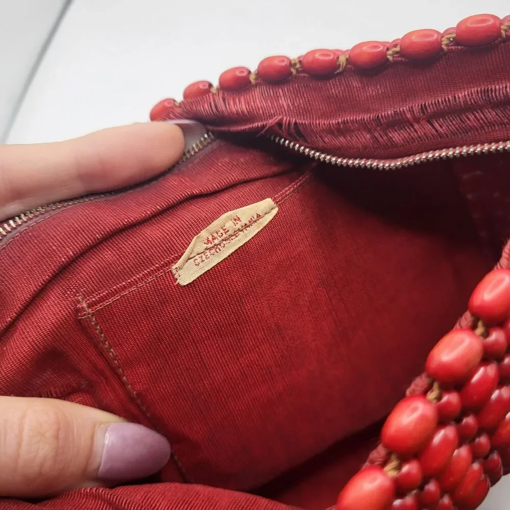 Antique Woven Wooden Beaded Clutch Handbag Made in Czechoslovakia 10in by 6in